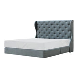 Blue-grey Monarque bed with tall diamond-tufted wingback headboard
