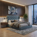 Blue-grey Monarque wingback bed in a bedroom at dusk