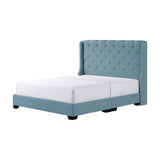 Blue Calista upholstered bed with tall button-tufted wingback headboard