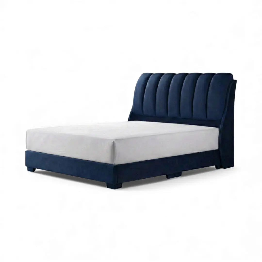Navy Amora upholstered bed with vertical-channel headboard