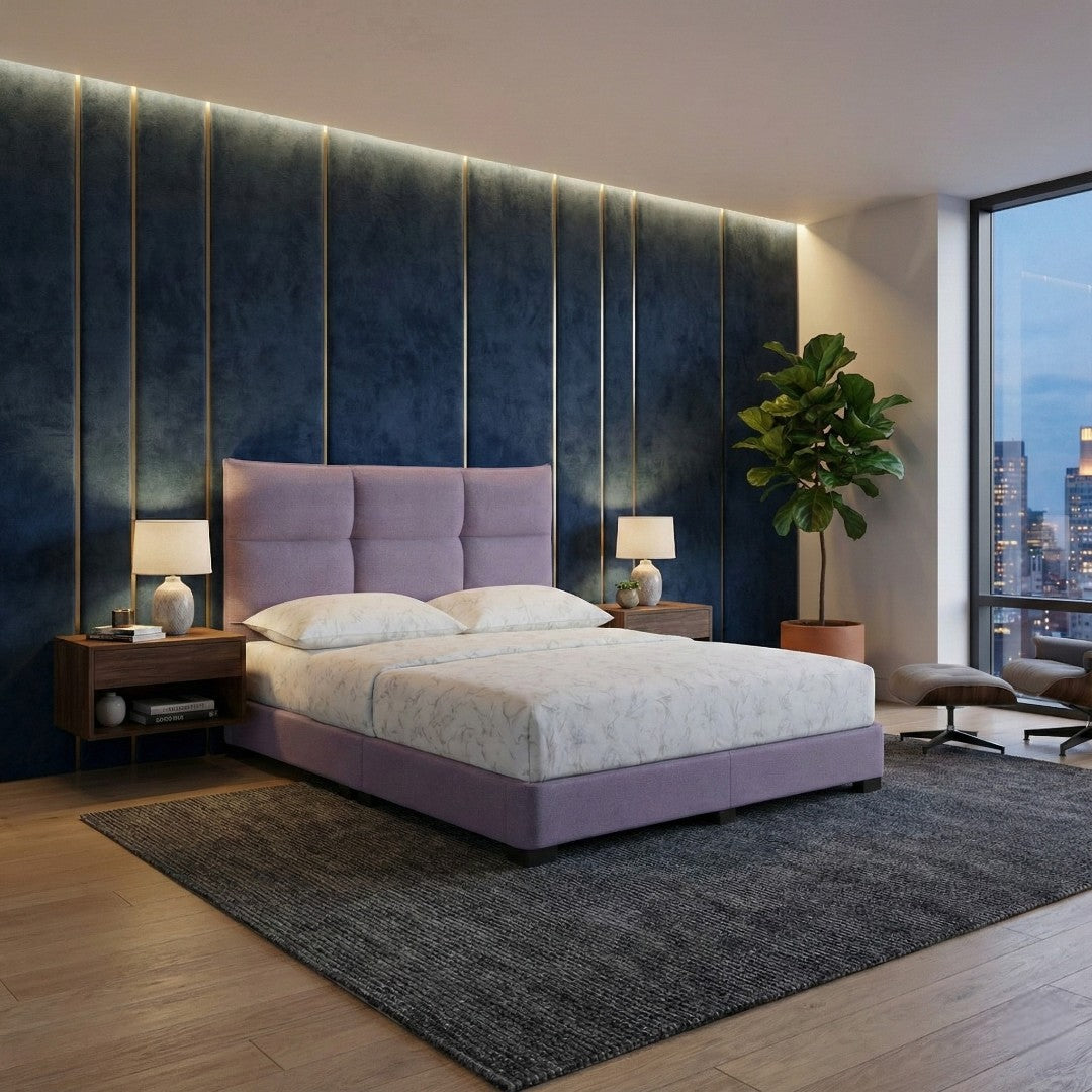 Novessa Modern Designer Bed Frame | Moisture-Proof Fabric Divan Base | Minimalist Headboard