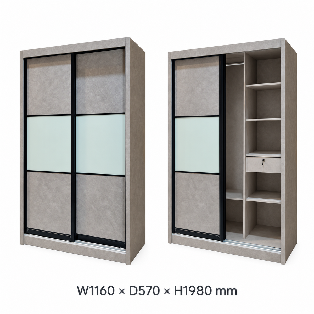 Alden wardrobe dimension chart with closed and partly open views