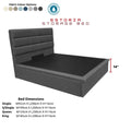 Charcoal Estoria storage bed with horizontal padded headboard, fabric colour options and dimension chart