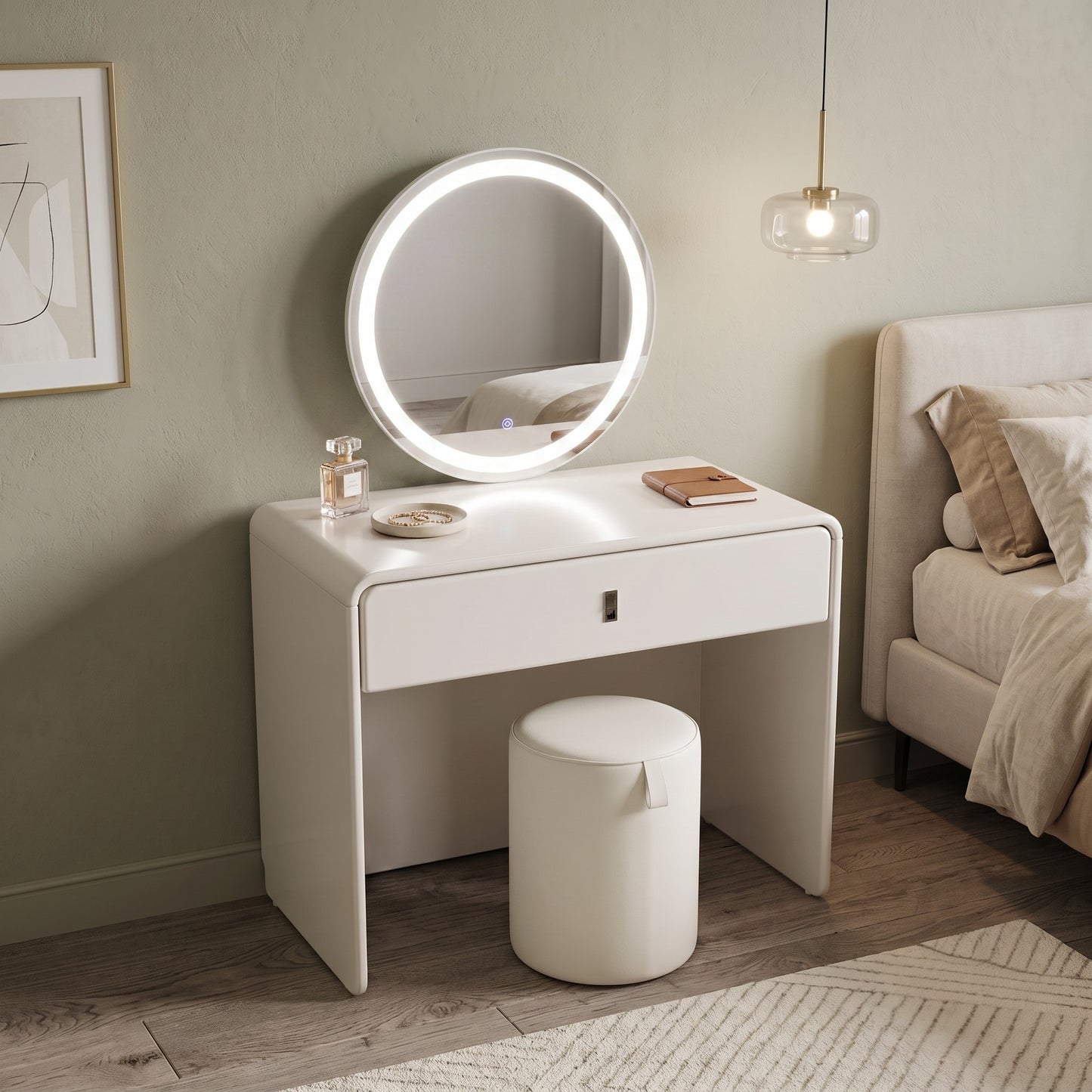BELLE Modern White Dressing Table Set with LED Mirror & Stool Grandeur Furnishings