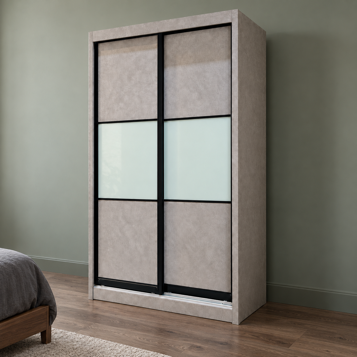 Alden grey sliding wardrobe in a bedroom with sage-green walls