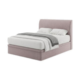 Pink upholstered bed with tall headboard, angled front view
