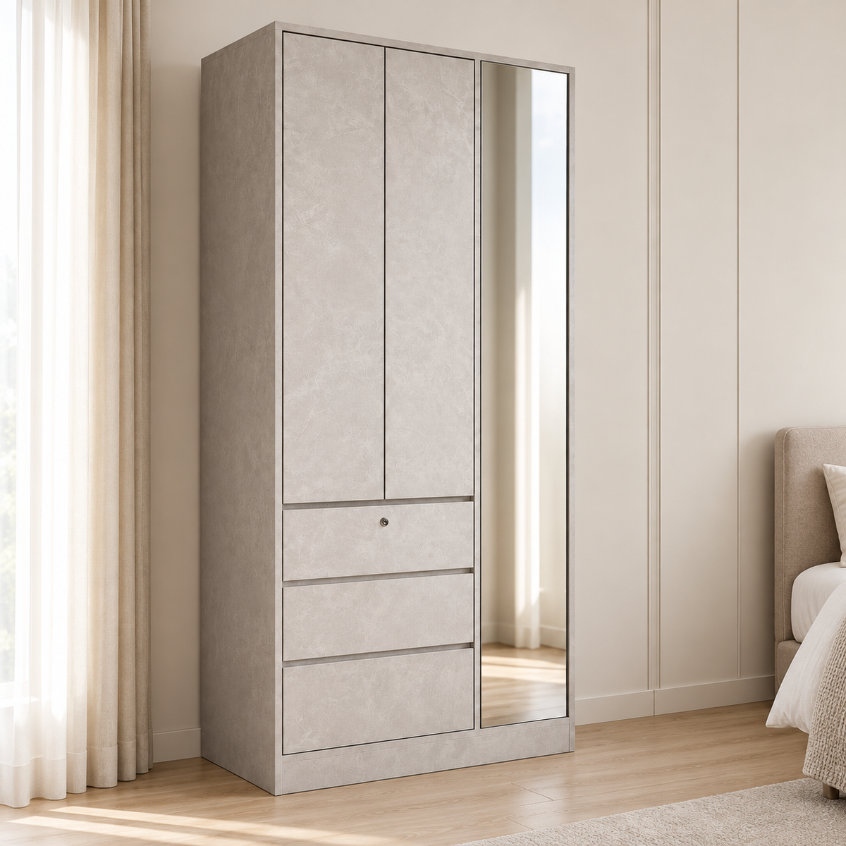 3-Door Wardrobe with Mirror and Drawers Grandeur Furnishings