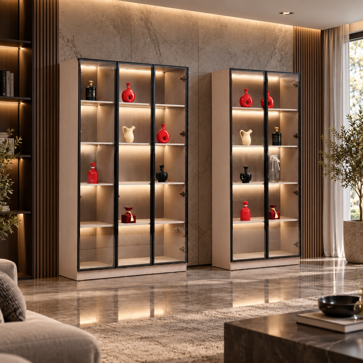 Contemporary Wood-Finish Glass Display Cabinet with LED Sensor Lighting Grandeur Furnishings
