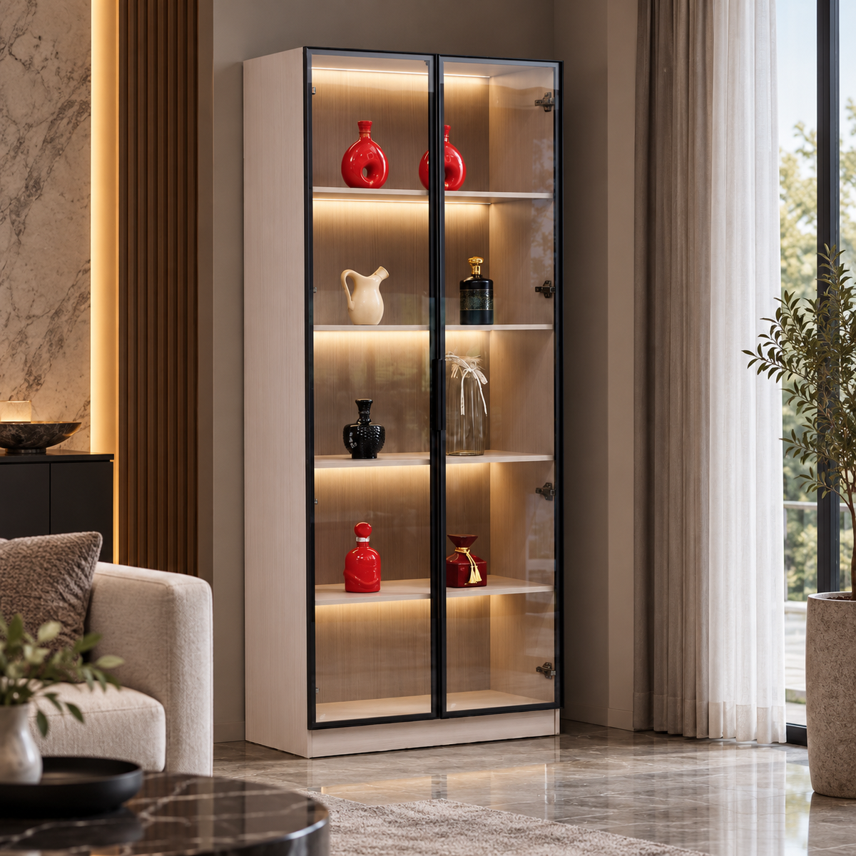 Contemporary Wood-Finish Glass Display Cabinet with LED Sensor Lighting Grandeur Furnishings
