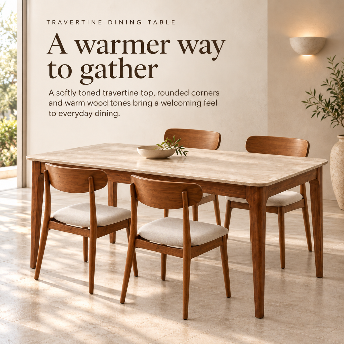Valenza Travertine Top & Solid Wood Dining Set Grandeur Furnishings