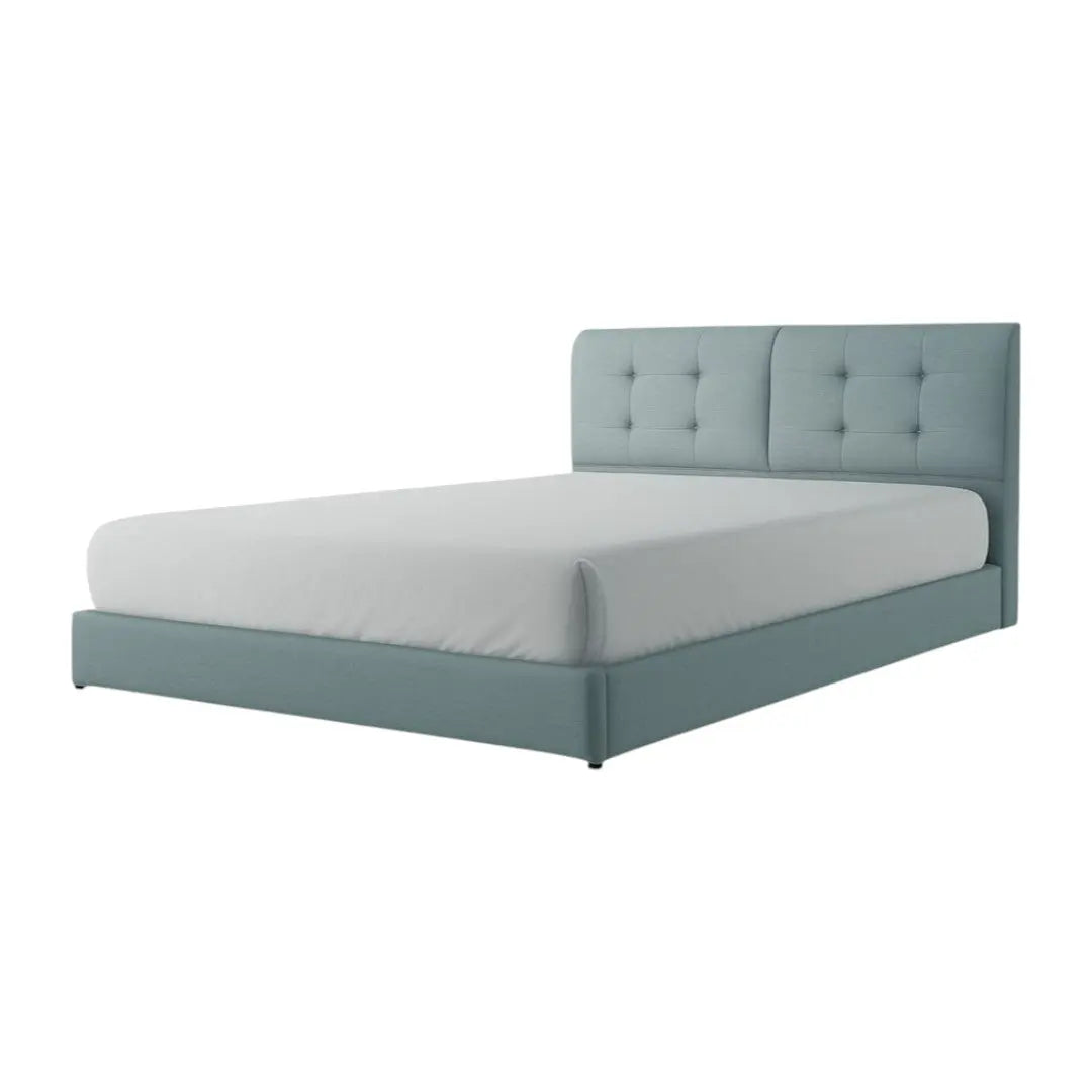 Pale blue Novelle upholstered bed with grid-tufted split headboard