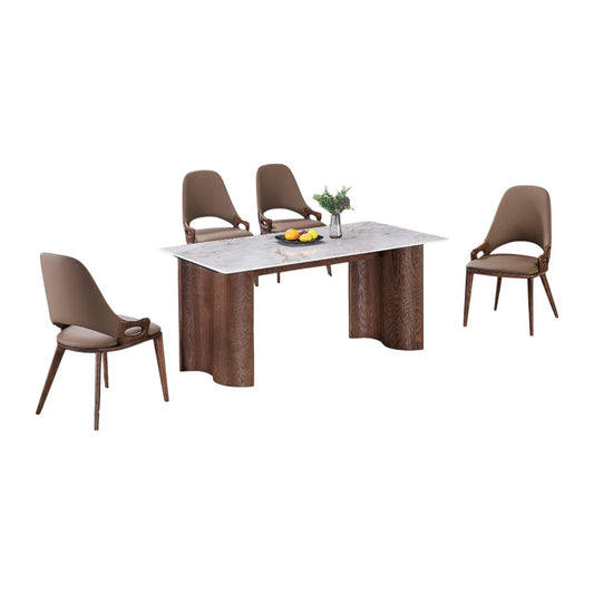 Elegant Marble Dining Table Set with Unique Ash Wood Legs & PU Chairs 1+4