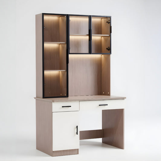 Modern Study Desk with LED Light Sensor | Computer Workstation with Glass Display Cabinets & Storage