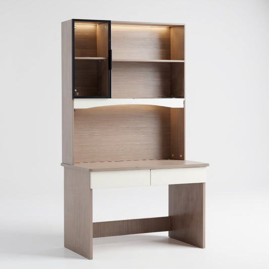 Modern Study Desk | Computer Workstation with Glass Cabinet, Bookshelves & 2 Drawers