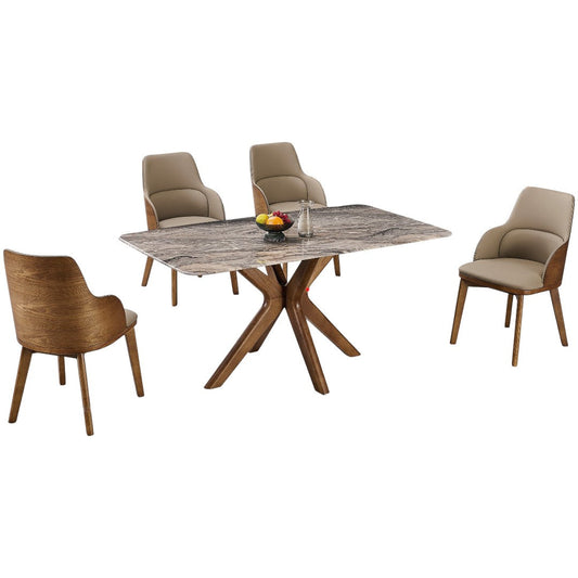 Elegant Marble Dining Table Set with Ash Wood Base & Armchairs 1+4