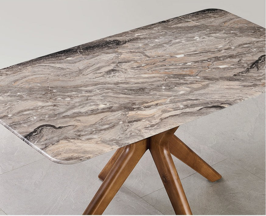 Elegant Marble Dining Table Set with Ash Wood Base & Armchairs 1+4