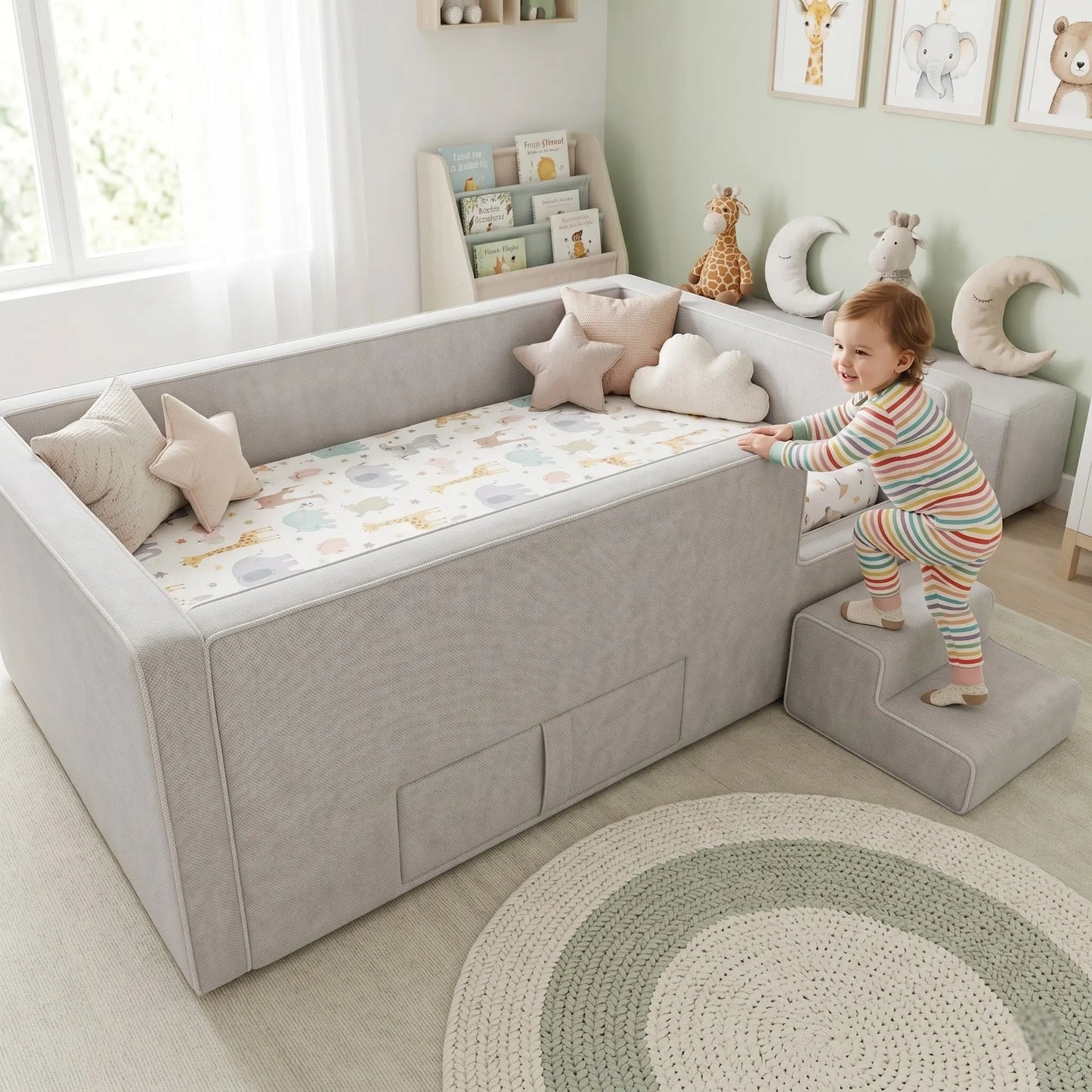 Caelia Daybed w/ Enclosed Frame & Steps | | Luxury Upholstered Kids Bed | Storage Drawer Grandeur Furnishings