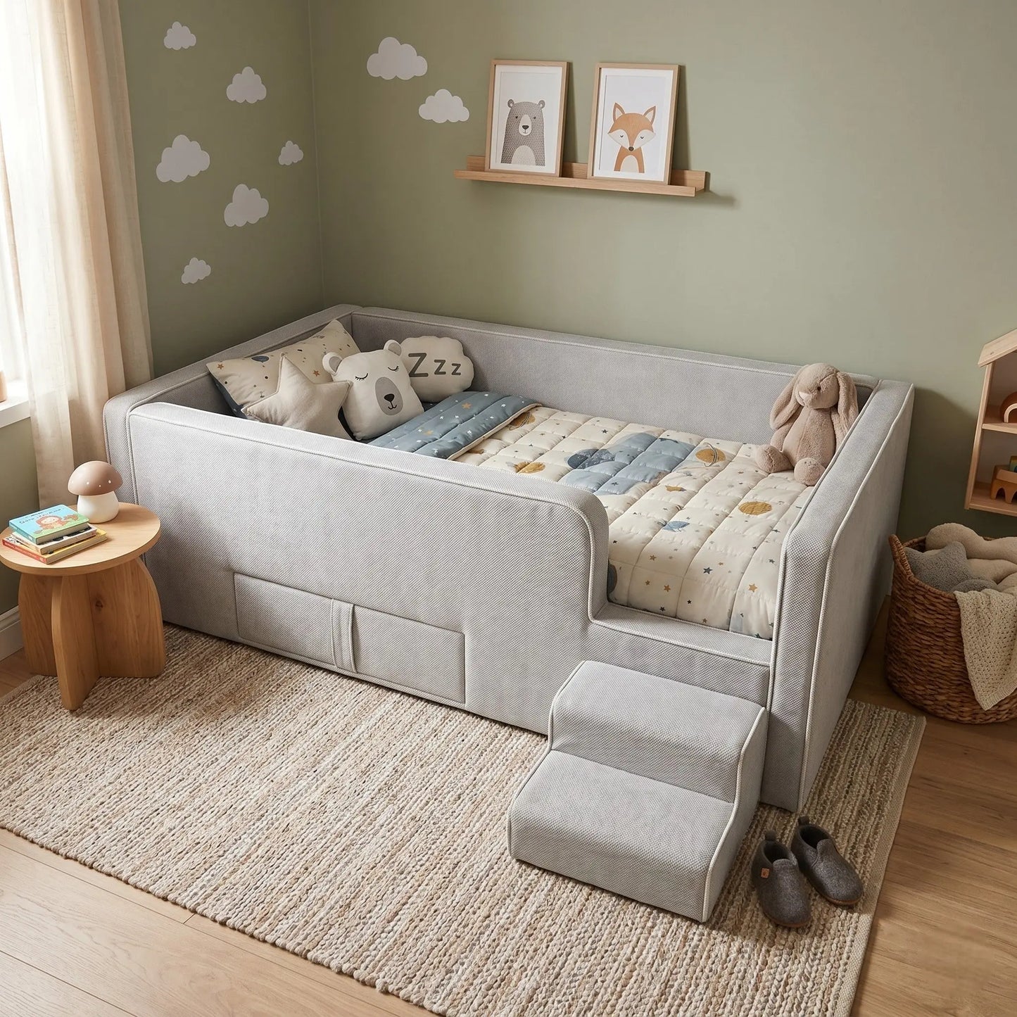 Caelia Daybed w/ Enclosed Frame & Steps | | Luxury Upholstered Kids Bed | Storage Drawer Grandeur Furnishings