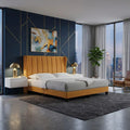 Ochre Vellum bed in a room with dark blue walls