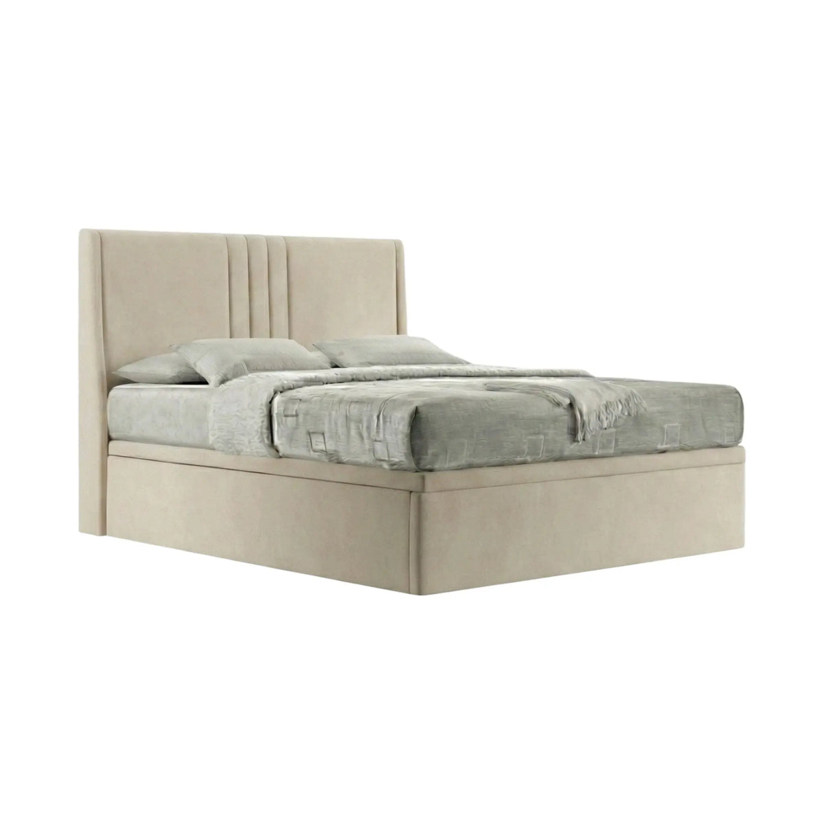 Beige Selene upholstered bed with fluted wingback headboard