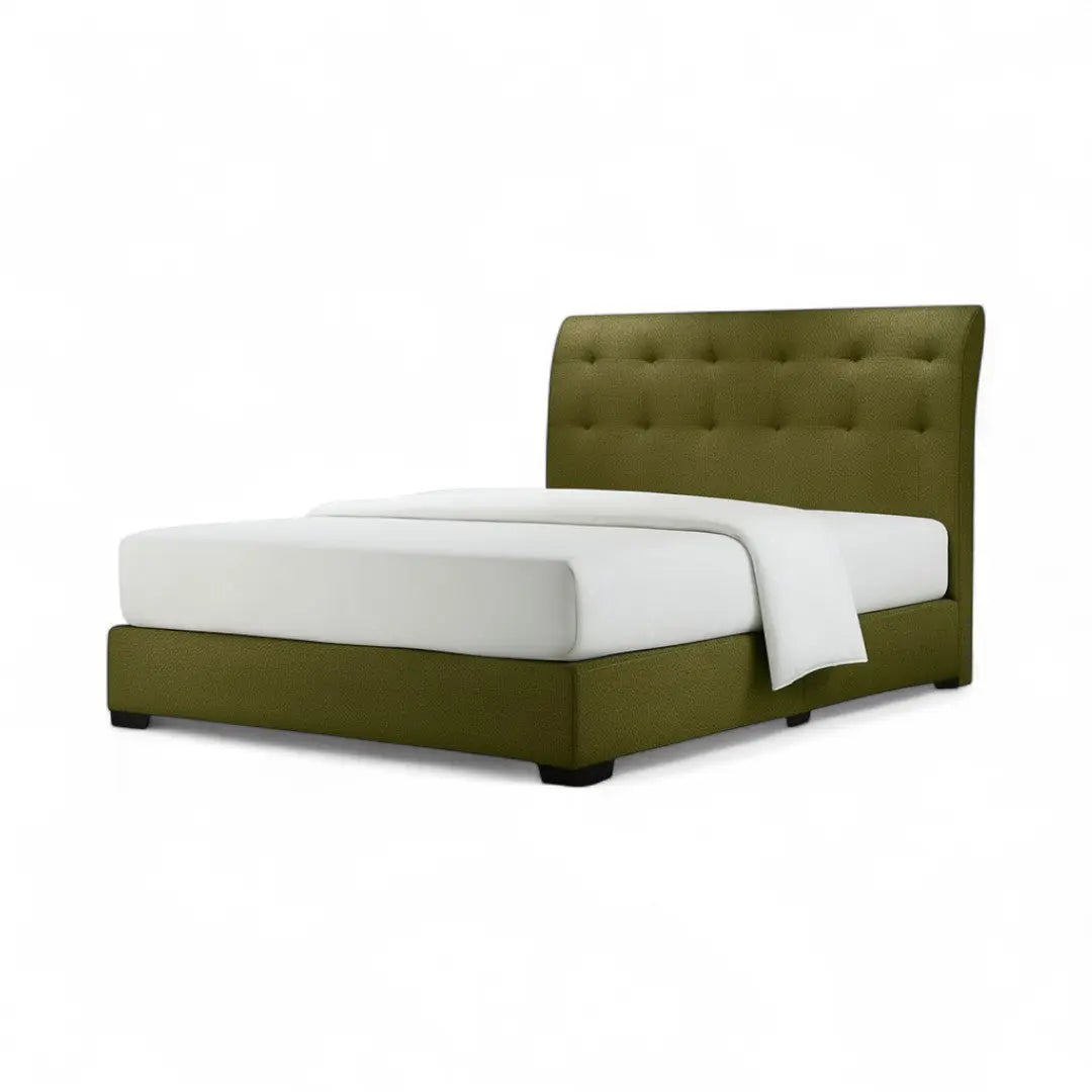 Olive green Velaris upholstered bed with rolled button-tufted headboard